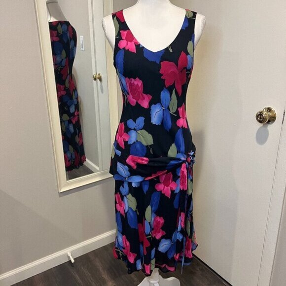 Evan Picone Floral Sleeveless Midi Dress with tie side, Size 8 - Picture 1 of 16